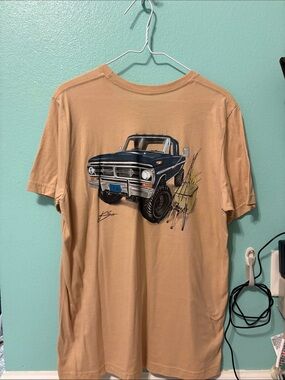 Men's Tan HUK Graphic Tee with Vintage Truck Design